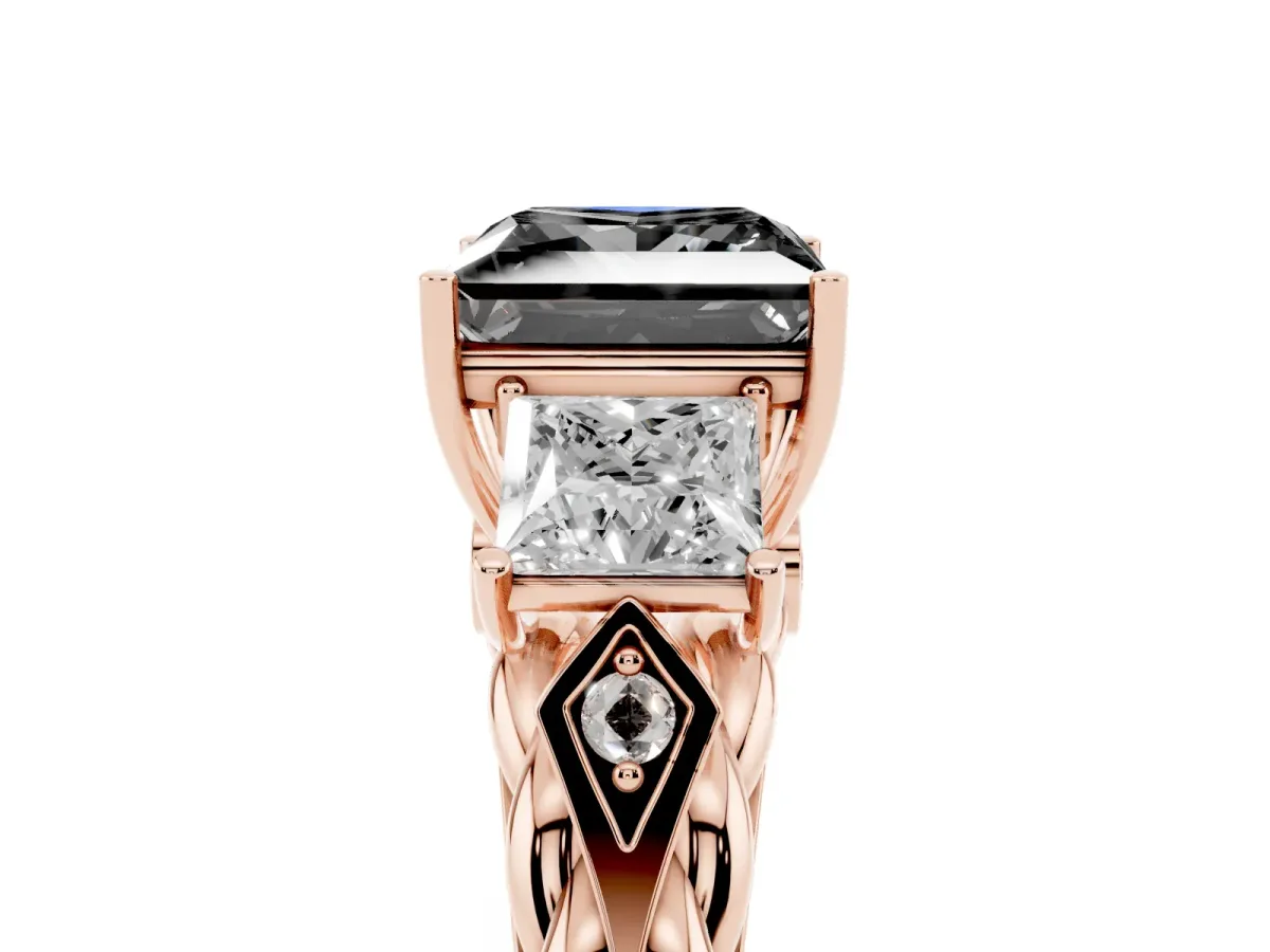 Fancy Black Three-Stone Princess Cut Diamond Braided Band Ring with Four-Prong Setting Rose gold