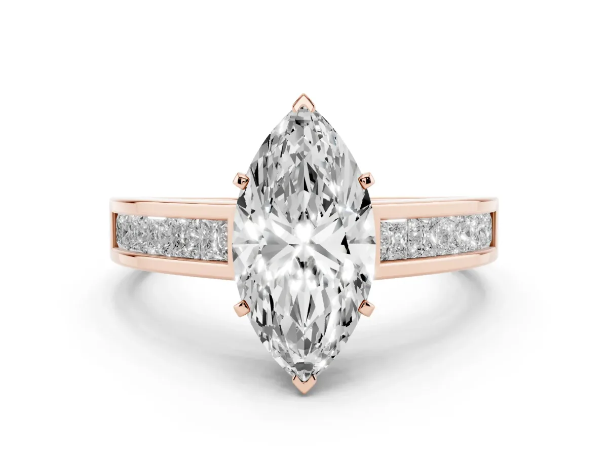 Marquise Cut Solitaire Diamond Ring with Channel-Set Band and Four-Prong Setting Rose gold