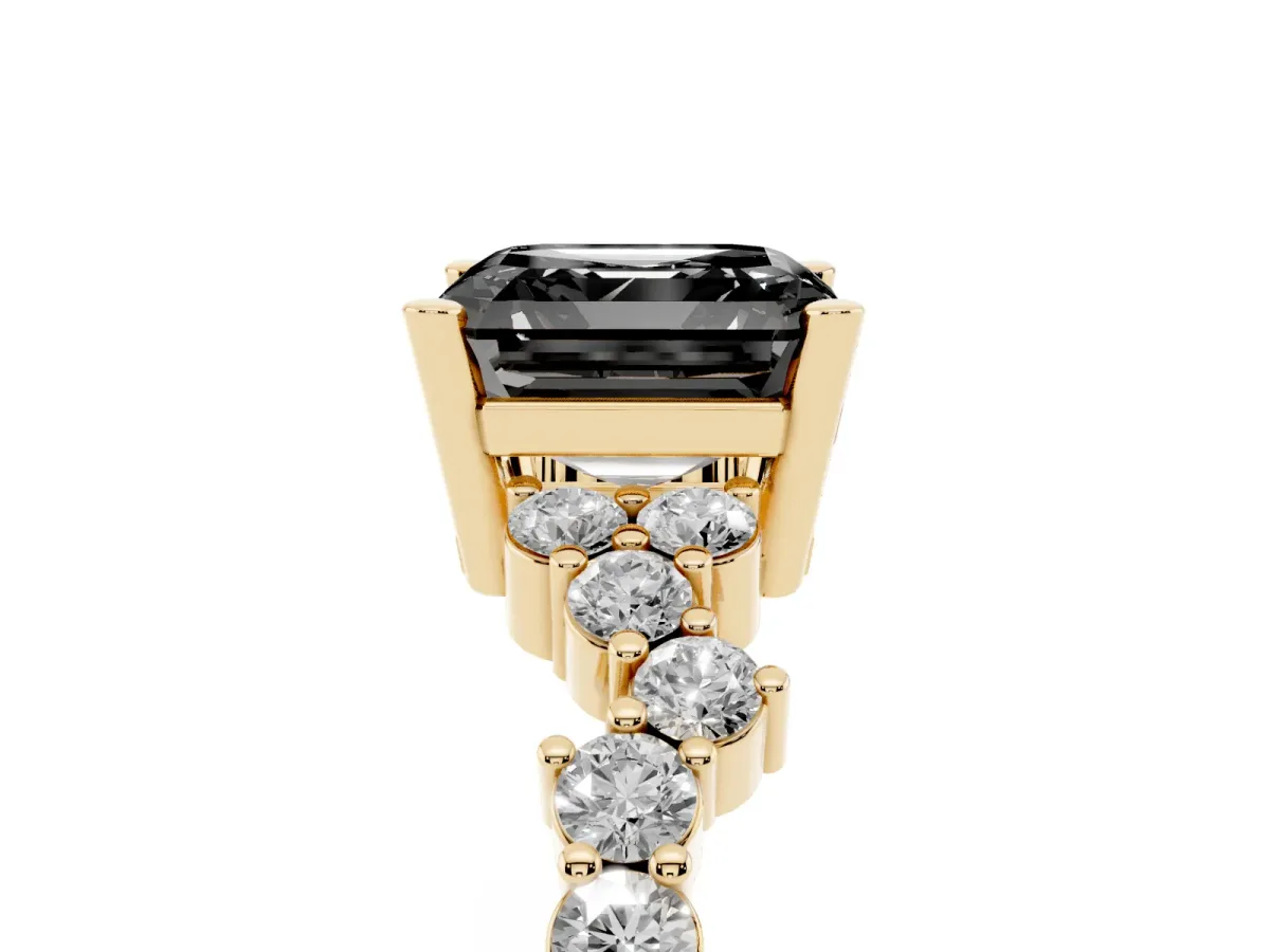 Fancy Black Asscher Cut Diamond Scattered Round Accent Ring with Prong Setting Yellow gold