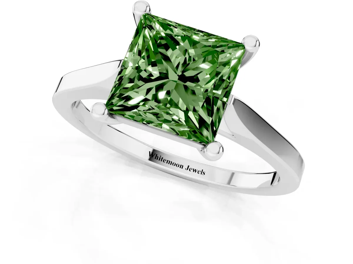 Fancy Green Princess Cut Solitaire Diamond Ring with Four-Prong Setting and Tapered Band White gold