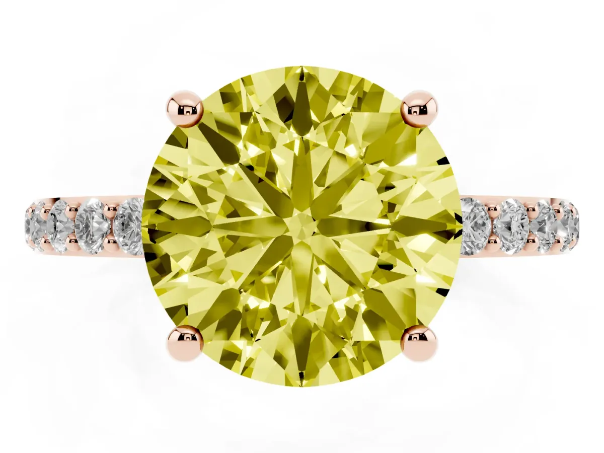 Fancy Yellow Round Cut Diamond Solitaire Ring with Round Pavé Band and Prong Setting Rose gold