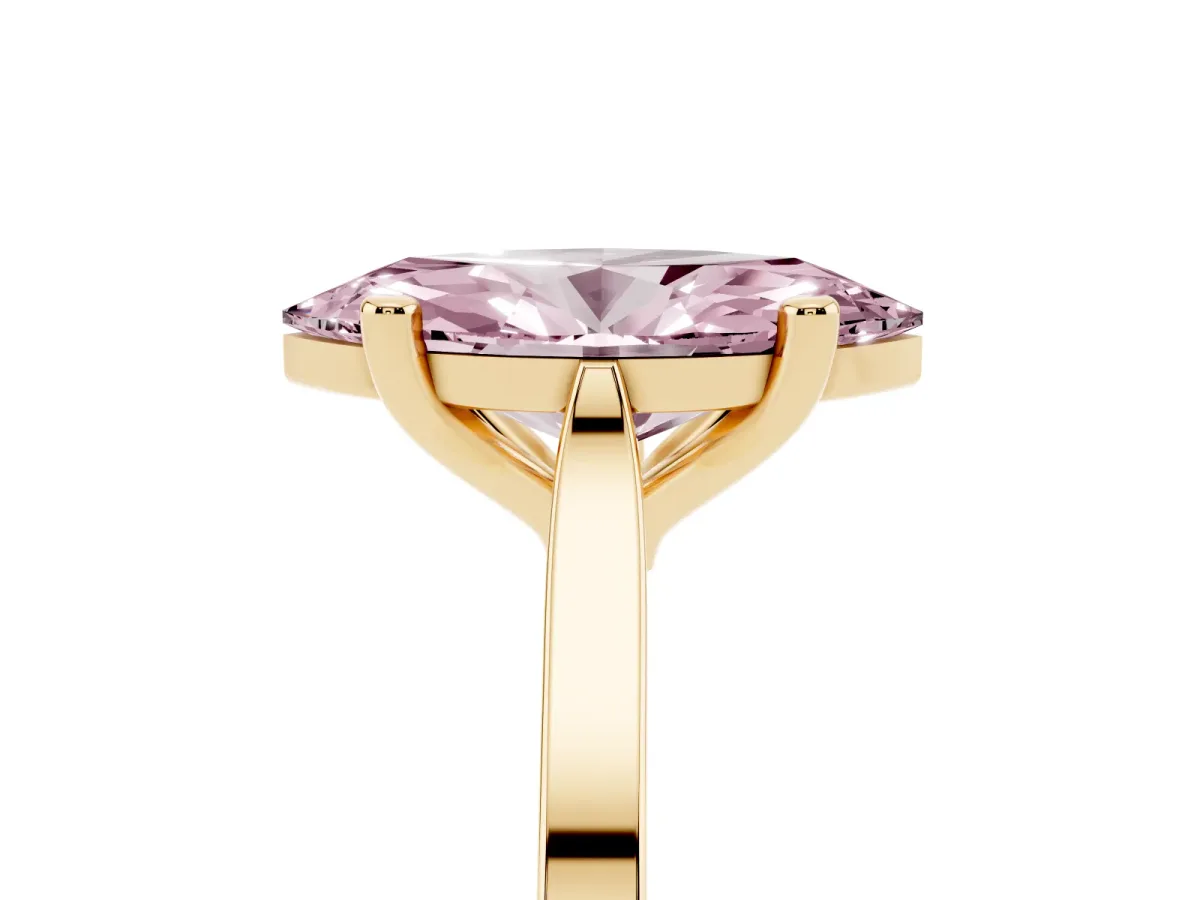 Fancy Pink Marquise Cut Solitaire Diamond Ring with Four-Prong Setting and Tapered Band Yellow gold