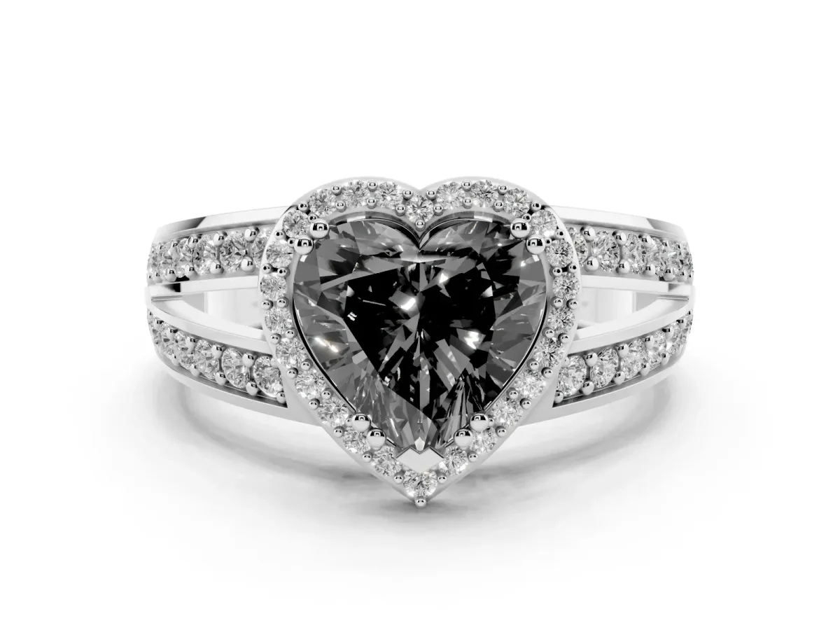Fancy Black Heart Cut Diamond Halo Ring with Split Shank Pavé Band and Four-Prong Setting Platinum