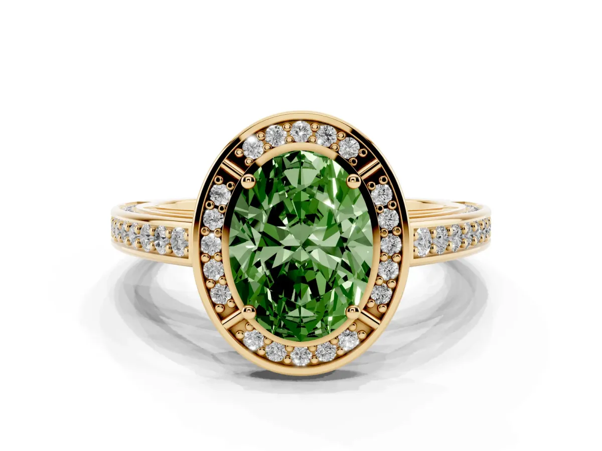 Fancy Green Oval Cut Cut Halo Pave Split Shank Prong Setting Ring Yellow gold