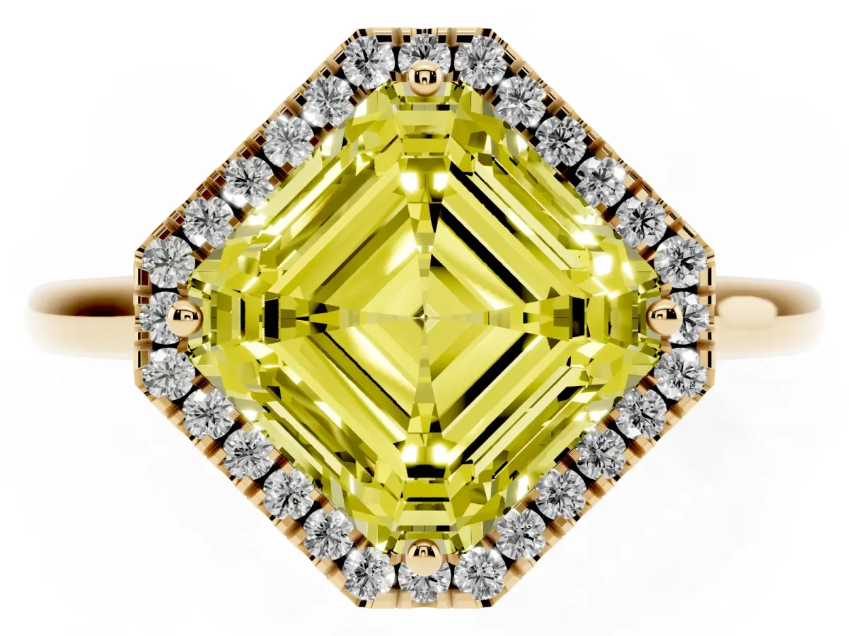 Fancy Yellow Asscher Cut Halo Round Diamond Solitaire Engagement Ring with Pave Band and Four-Prong Setting Yellow gold