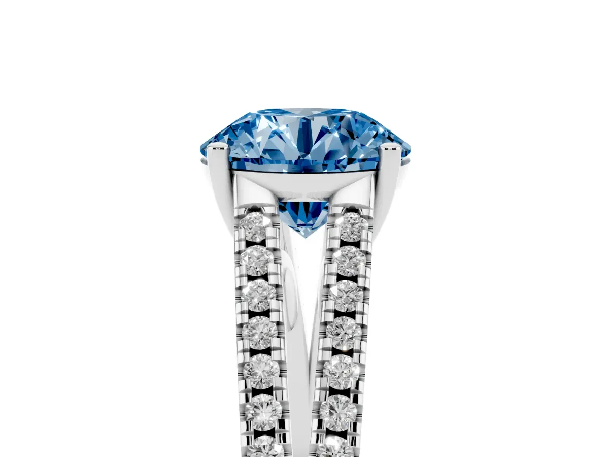 Fancy Blue Round Cut Diamond Solitaire Engagement Ring with Split Shank Pavé Band Platinum