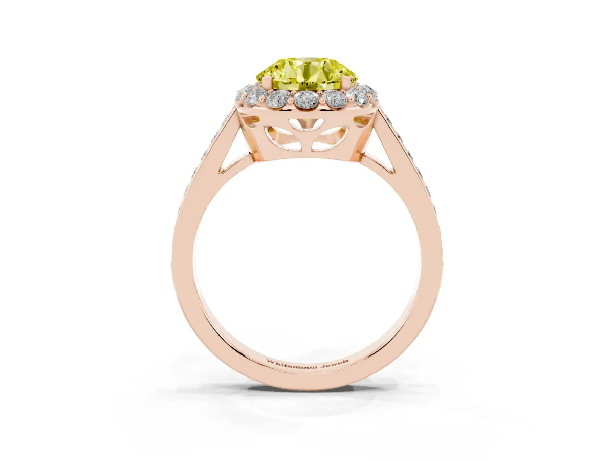 Fancy Yellow Round Cut Diamond Floral Halo Ring with Pavé Band and Prong Setting Rose gold