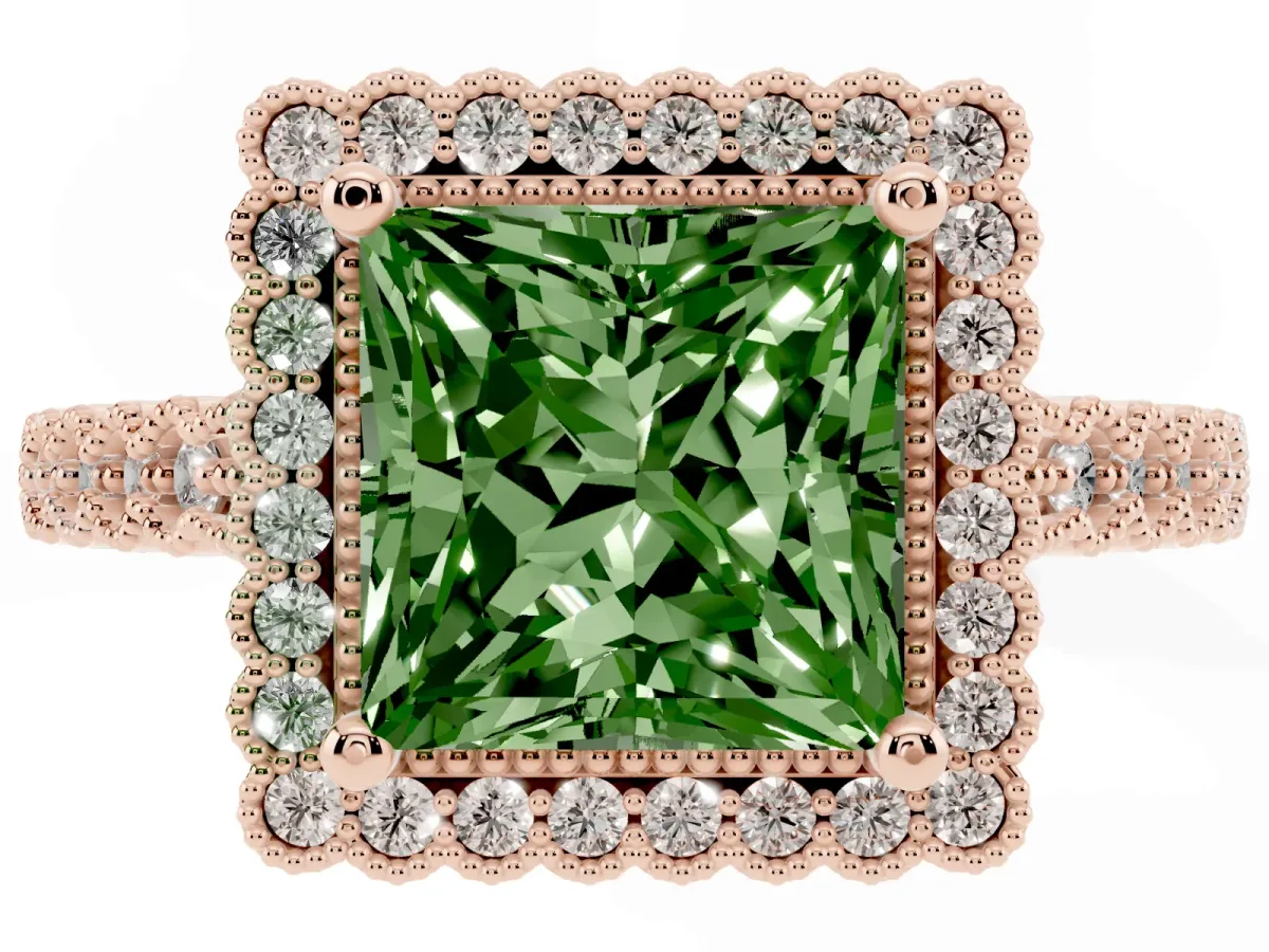 Fancy Green Princess Cut Cut Halo Pavé Solitaire Ring with Milgrain Band Rose gold