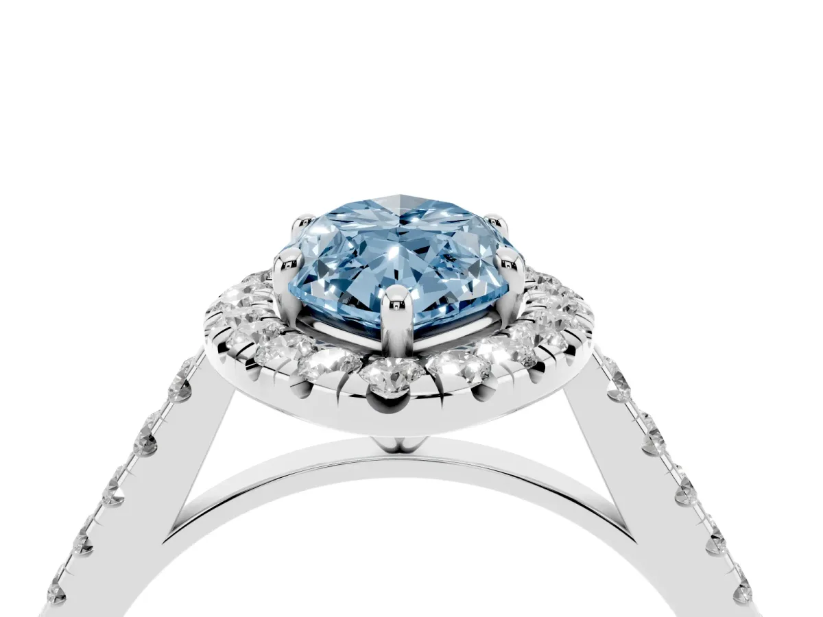 Fancy Blue Marquise Cut Halo Pave Diamond Engagement Ring with Four-Prong Setting Platinum