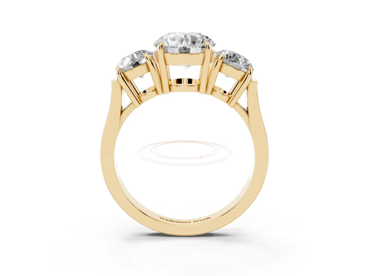 Three-Stone Round Cut Cut Diamond Ring with Round Accent Stones, Prong Setting, and Classic Band Yellow gold