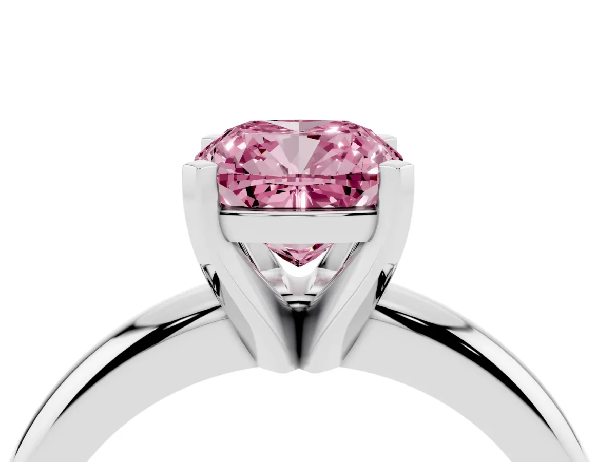 Fancy Pink Cushion Cut Diamond Solitaire Engagement Ring with Round Band and Four-Prong Setting White gold