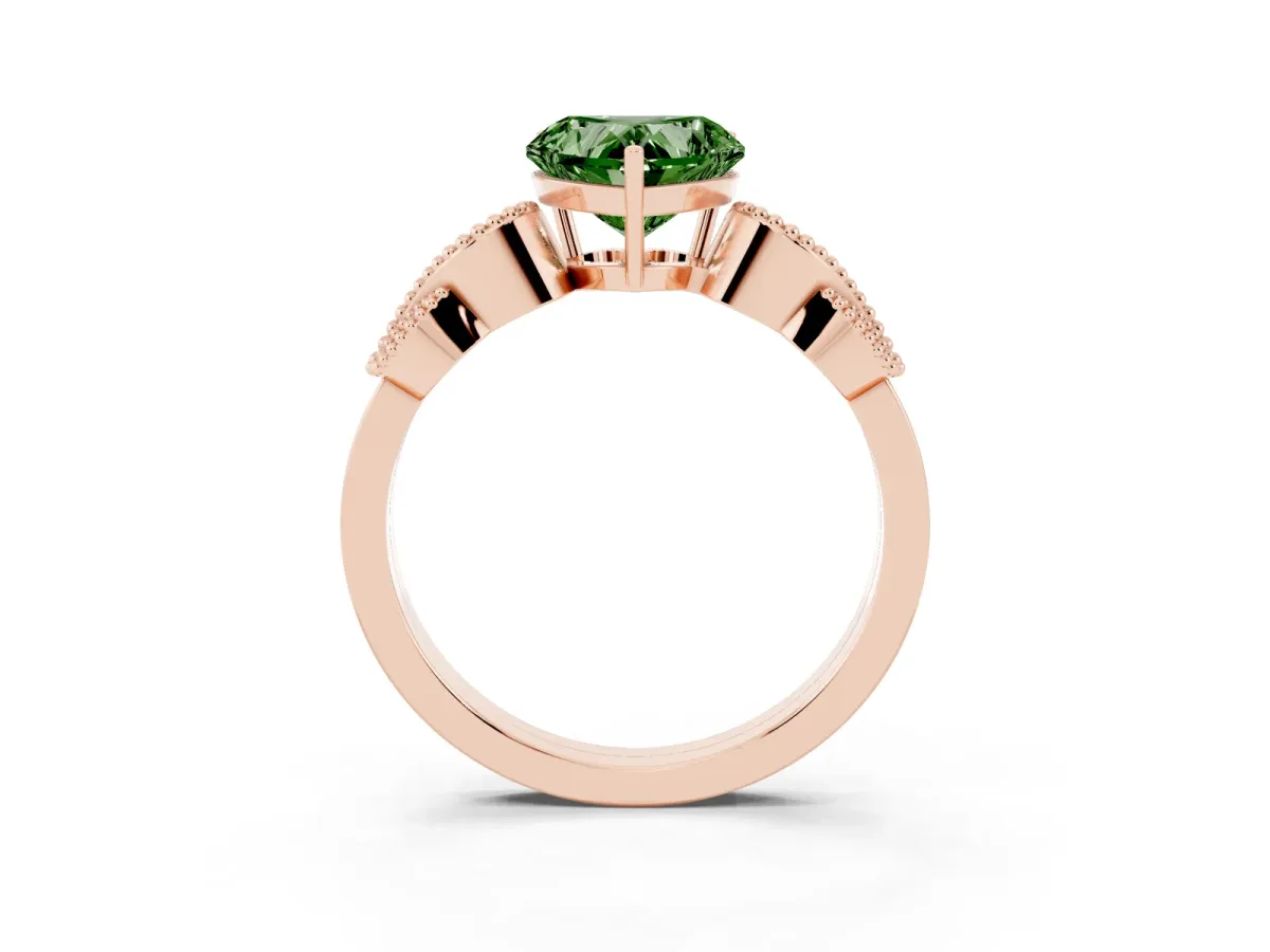 Fancy Green Heart Cut Solitaire Milgrain Leaf Band with Prong Setting Rose gold