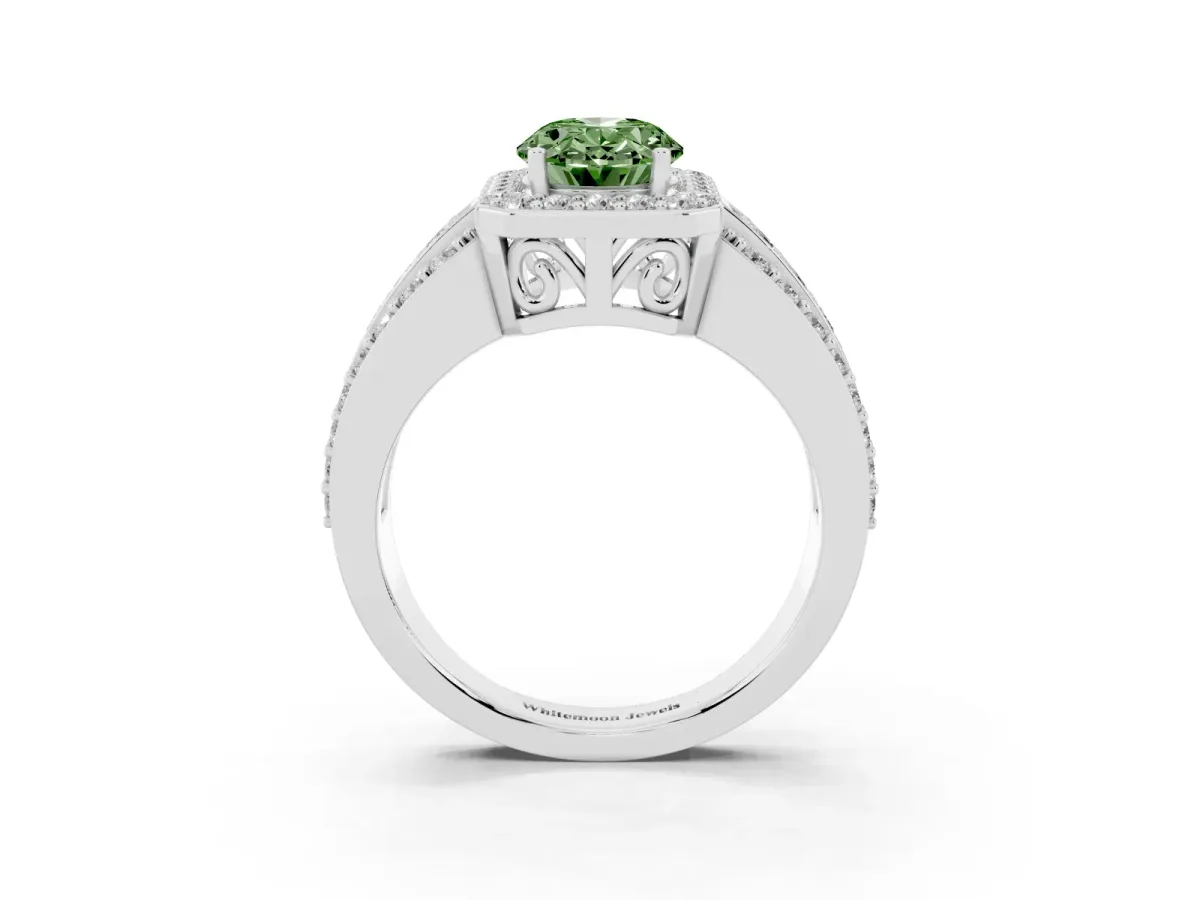 Fancy Green Oval Cut Halo Diamond Ring with Round Split Shank and Prong Setting Silver