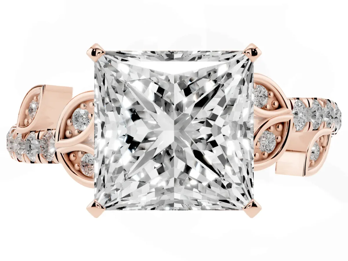 Princess Cut Solitaire Leaf-Inspired Diamond Ring with Pavé Band and Four-Prong Setting Rose gold
