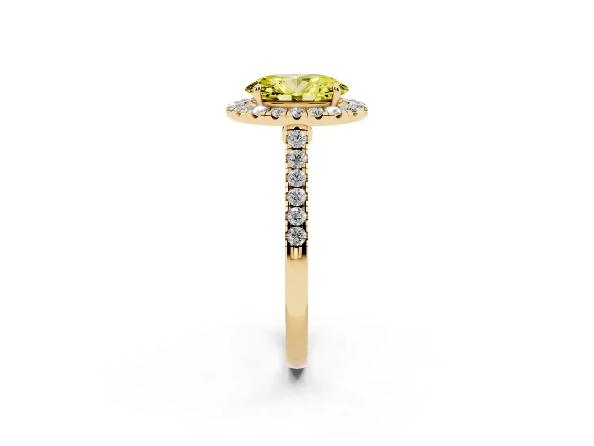 Fancy Yellow Oval Cut Halo Pave Diamond Engagement Ring with Four-Prong Setting Yellow gold