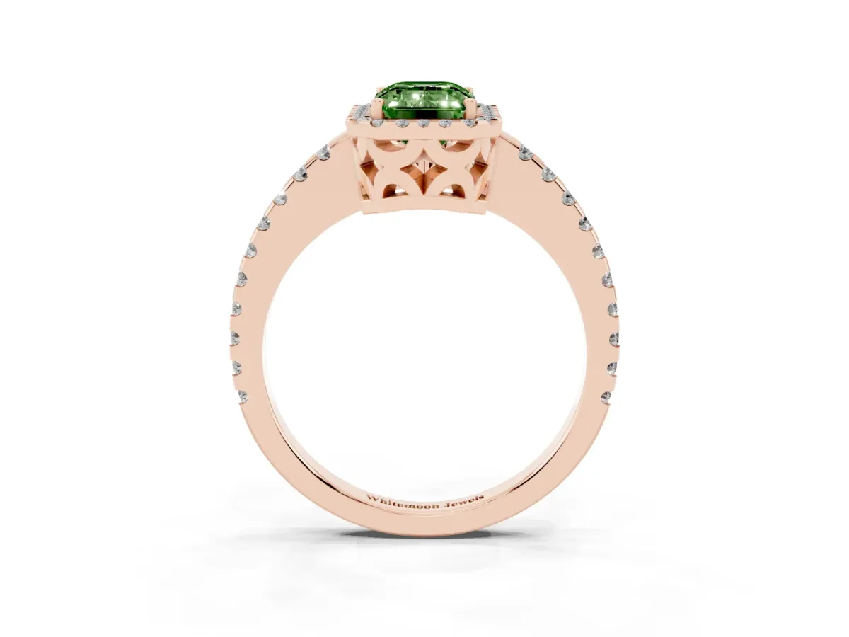 Fancy Green Emerald Cut Diamond Halo Engagement Ring with Pavé Band and Prong Setting Rose gold