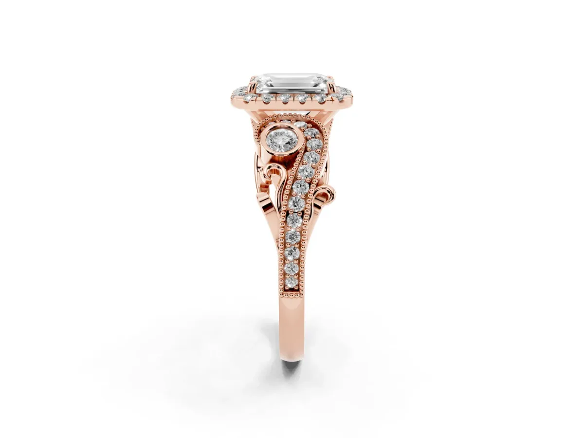 Emerald Cut Diamond Halo Ring with Milgrain Pavé Band and Four-Prong Setting Rose gold
