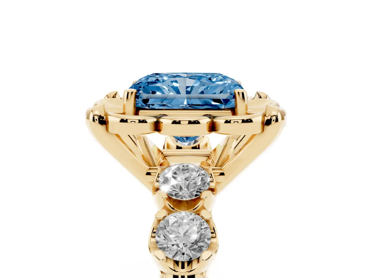 Fancy Blue Radiant Cut Cut Diamond Floral Halo Engagement Ring with Shared Prong Setting Yellow gold