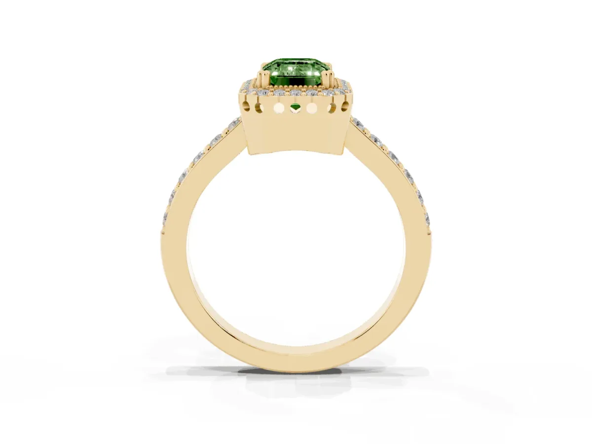 Fancy Green Emerald Cut Cut Diamond Halo Engagement Ring with Milgrain Detail and Pavé Band Yellow gold