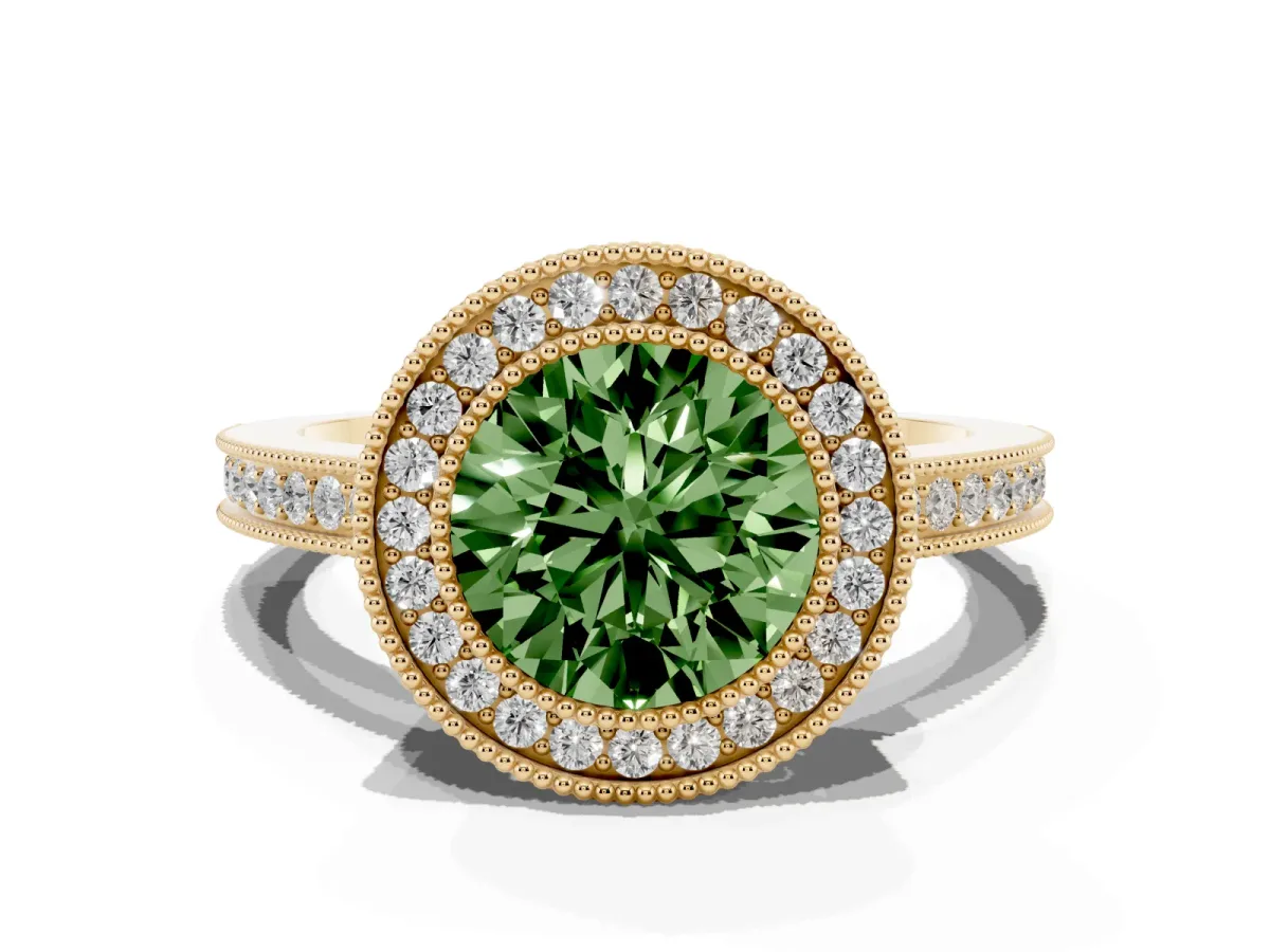 Fancy Green Round Cut Cut Halo Diamond Ring with Pavé Band and Milgrain Prong Setting Yellow gold