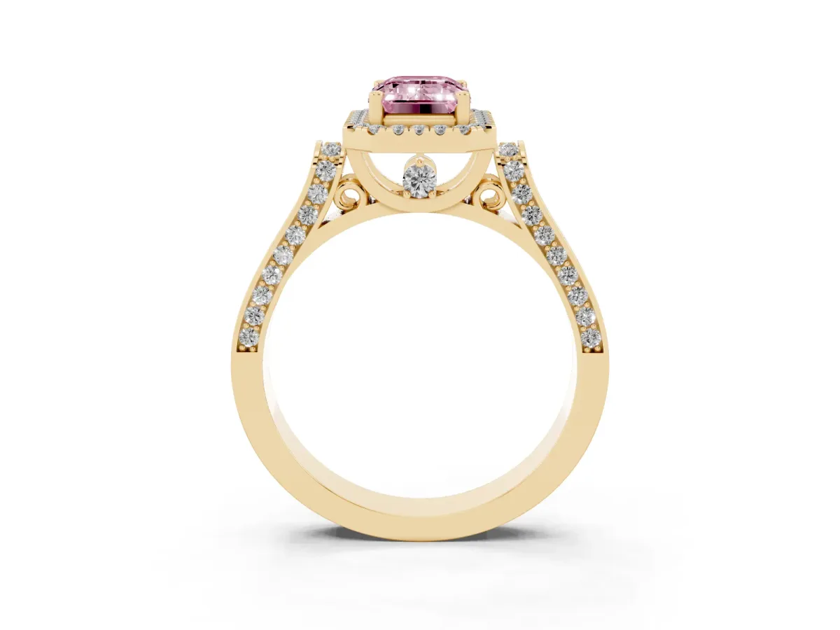 Fancy Pink Emerald Cut Halo Pave Split Shank Prong Setting Ring Yellow gold