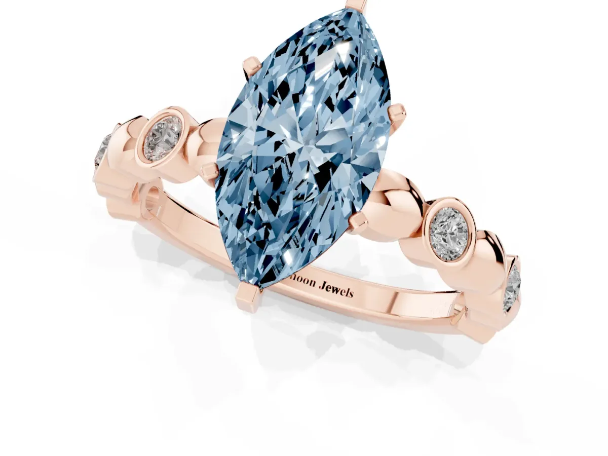 Fancy Blue Marquise Cut Solitaire Bezel-Set Diamond Ring with Beaded Band and Four-Prong Setting Rose gold