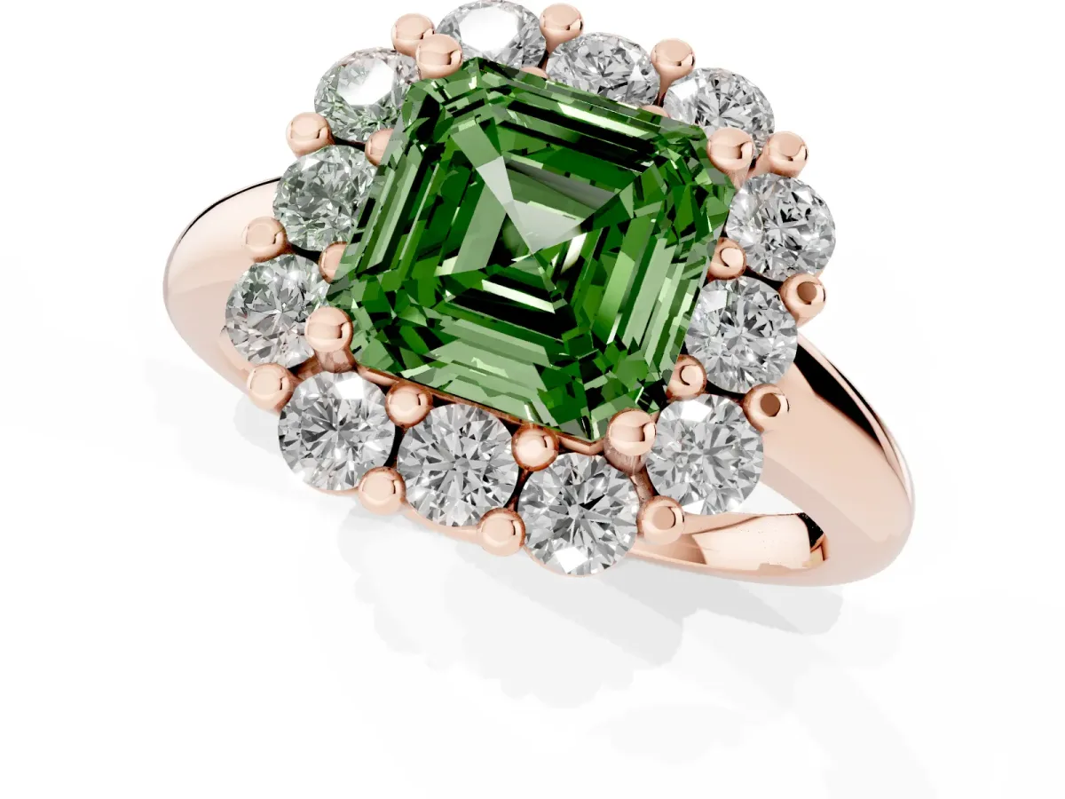 Fancy Green Asscher Cut Halo Cluster Diamond Engagement Ring with Prong Setting and Polished Band Rose gold