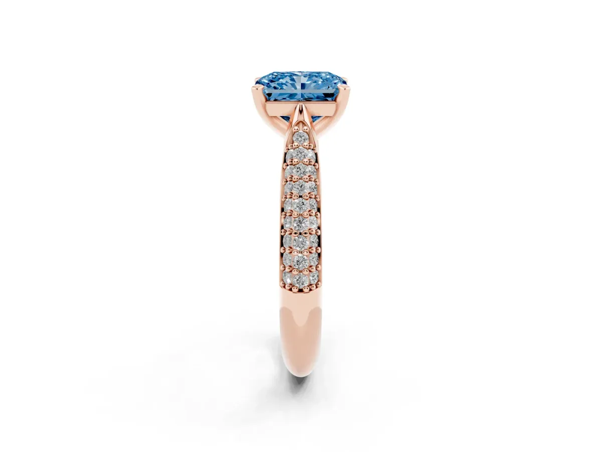 Fancy Blue Radiant Cut Diamond Solitaire Engagement Ring with Multi-Row Round Pavé Band and Prong Setting Rose gold