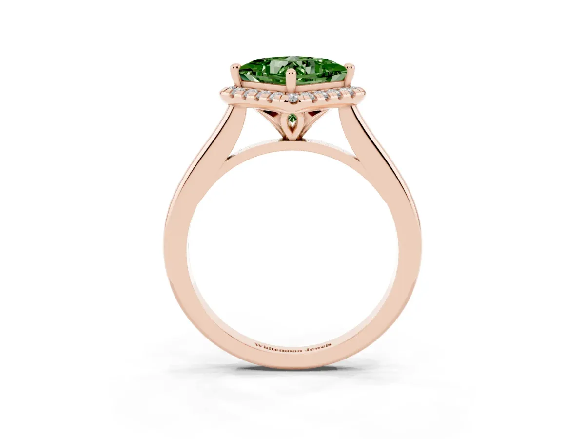 Fancy Green Princess Cut Halo Round Diamond Solitaire Engagement Ring with Pave Band and Four-Prong Setting Rose gold