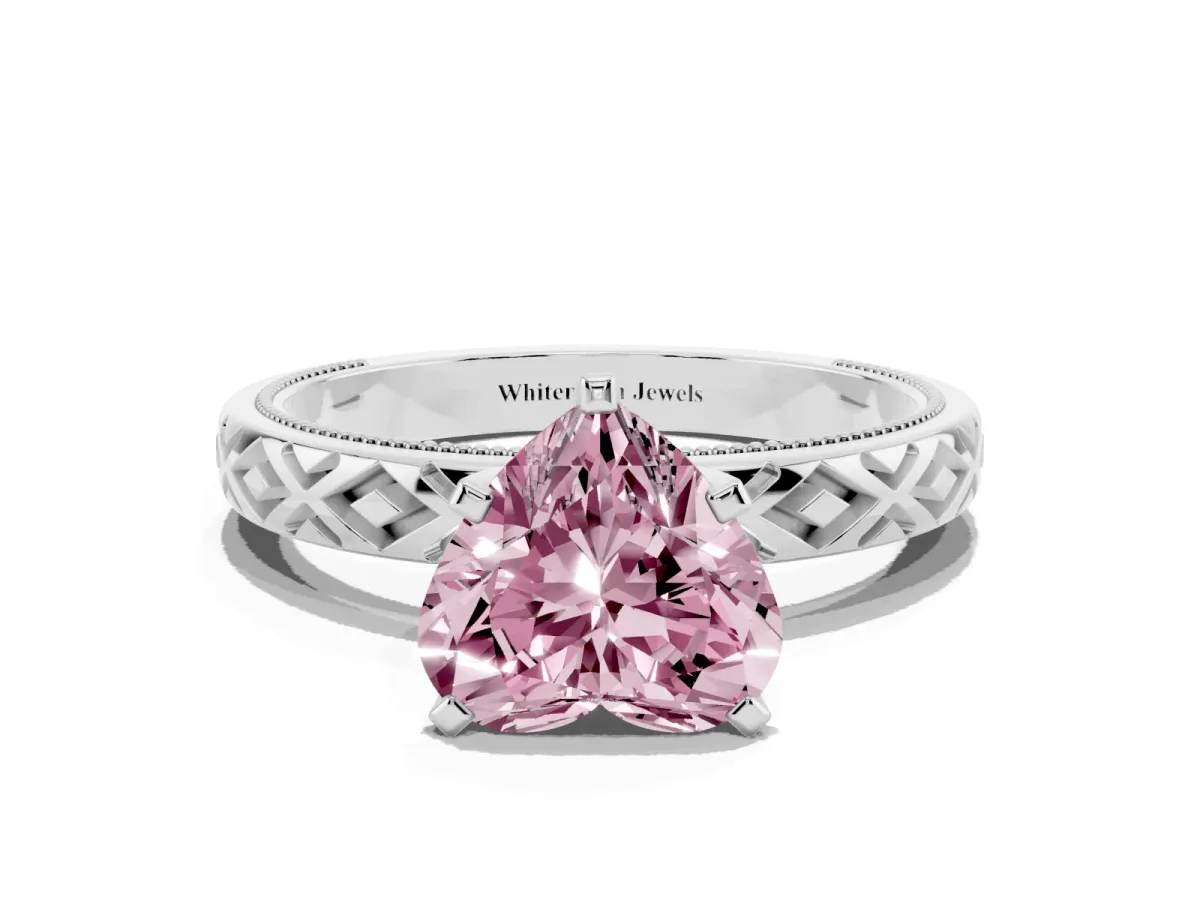 Fancy Pink Heart Cut Solitaire Diamond Ring with Milgrain and Black Enamel X Pattern Band Silver