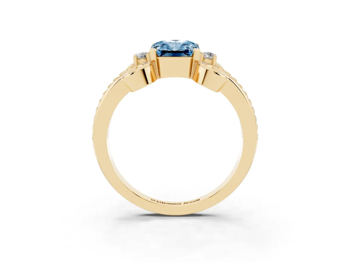 Fancy Blue Radiant Cut Solitaire Twisted Band Scroll Prong Ring Yellow gold