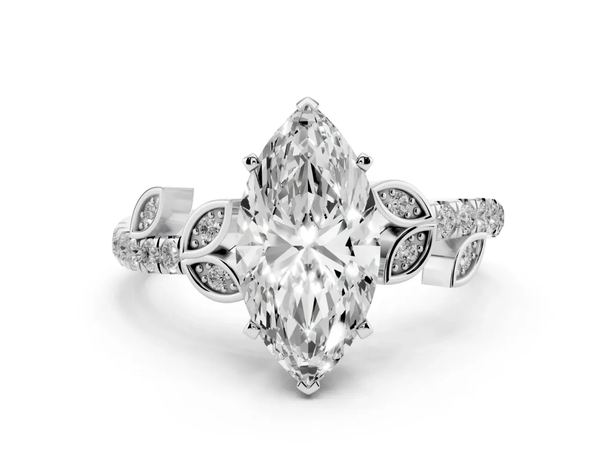 Marquise Cut Solitaire Leaf-Inspired Diamond Ring with Pavé Band and Four-Prong Setting Silver