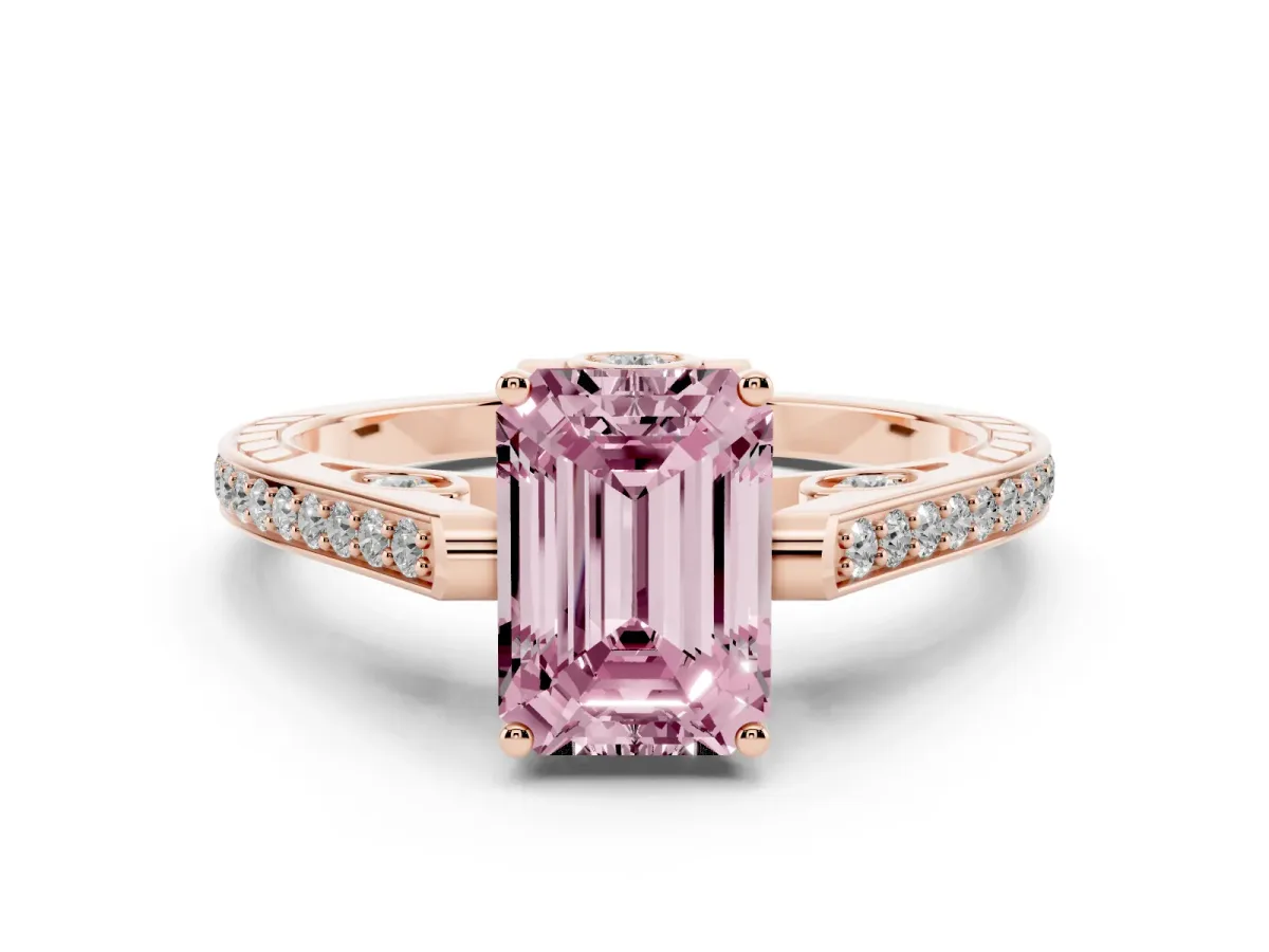 Fancy Pink Emerald Cut Cut Cathedral Pave Diamond Engagement Ring with Six-Prong Setting Rose gold