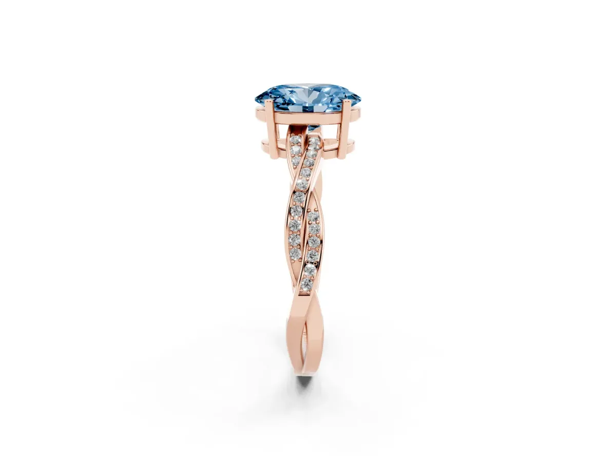 Fancy Blue Oval Cut Solitaire Twisted Pave Diamond Ring with Four-Prong Setting Rose gold