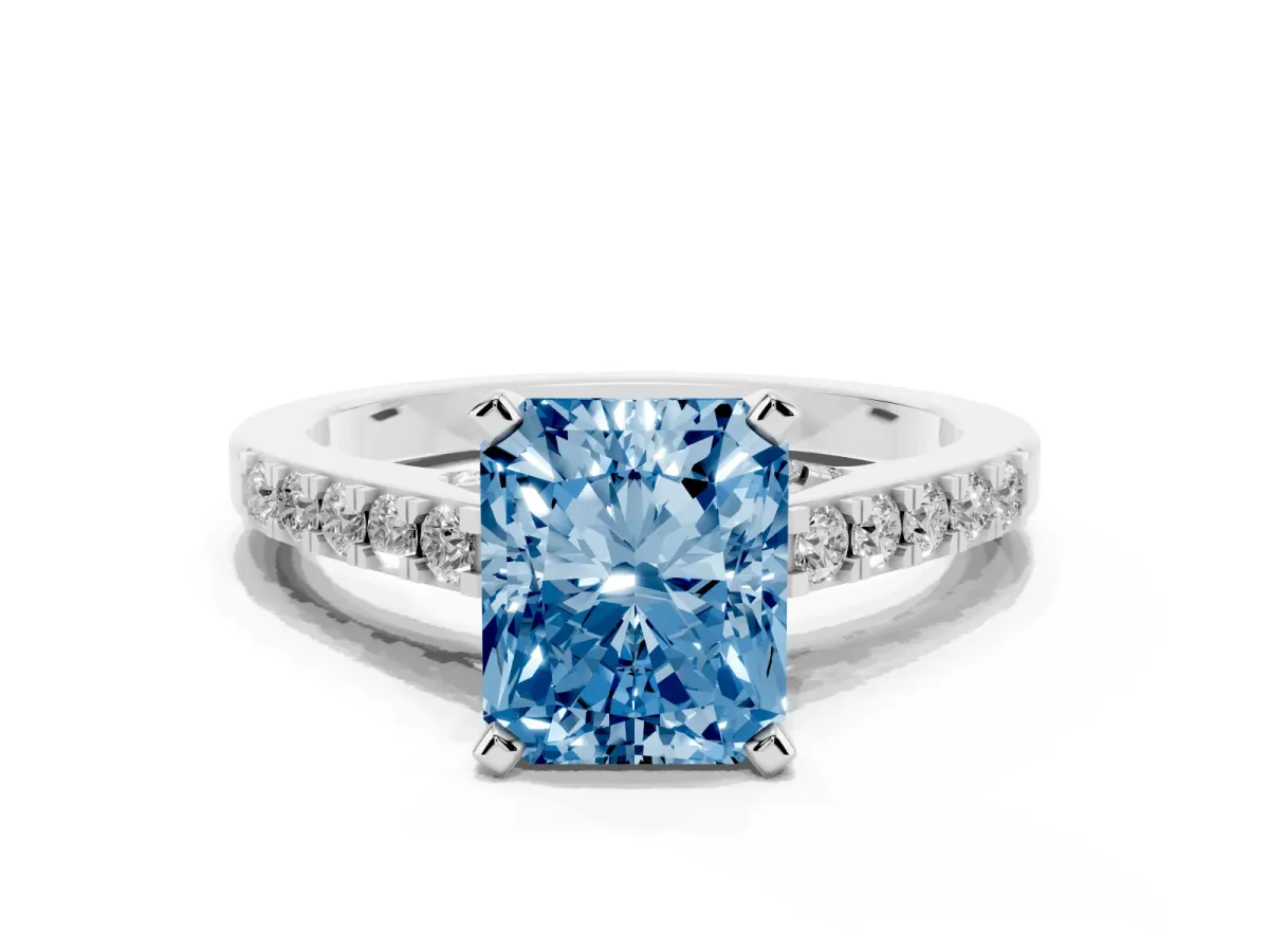 Fancy Blue Radiant Cut Diamond Solitaire Ring with Crossover Gallery and Round Pavé Band Platinum