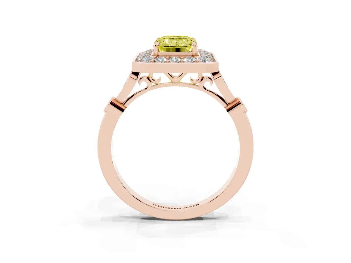 Fancy Yellow Emerald Cut Halo Diamond Engagement Ring with Twisted Band and Four-Prong Setting Rose gold
