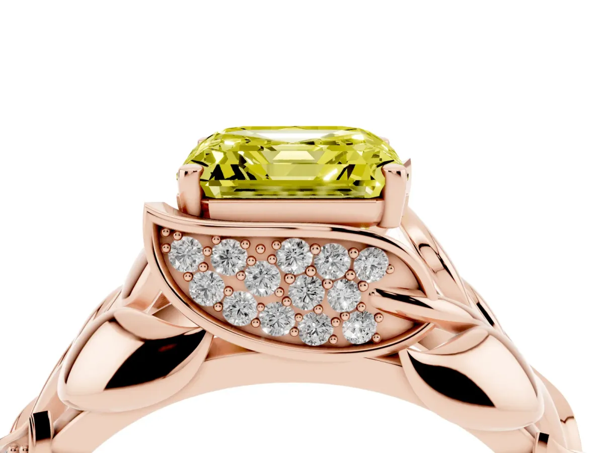 Fancy Yellow Asscher Cut Diamond Leaf-Inspired Engagement Ring with Round Accents and Prong Setting Rose gold