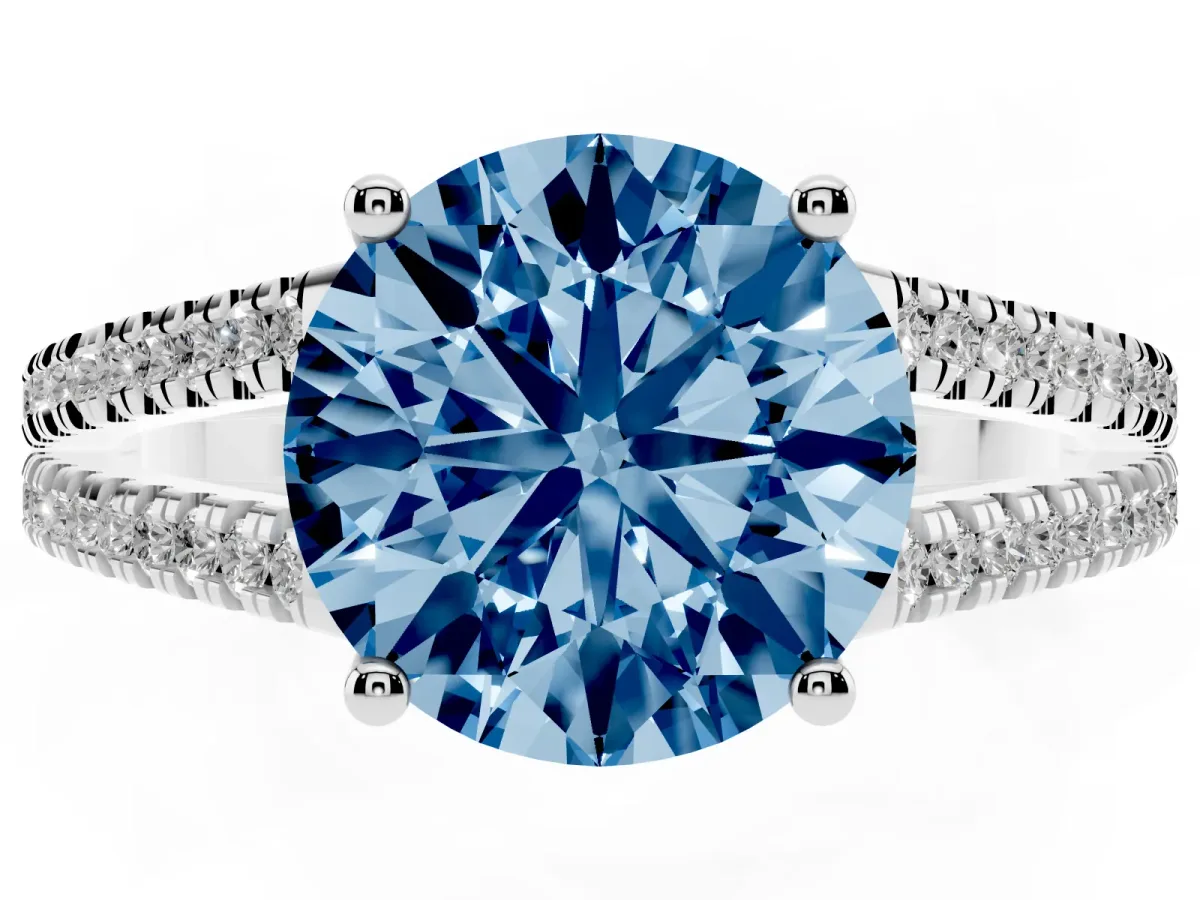 Fancy Blue Round Cut Diamond Solitaire Engagement Ring with Split Shank Pavé Band Platinum
