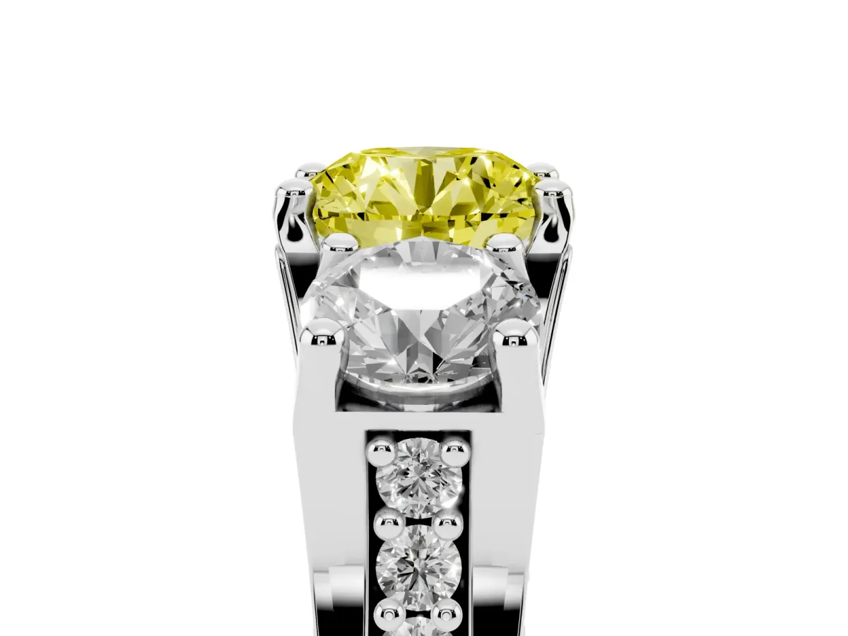 Fancy Yellow Round Cut Diamond Three-Stone Ring with Channel Set Band and Four-Prong Setting Silver