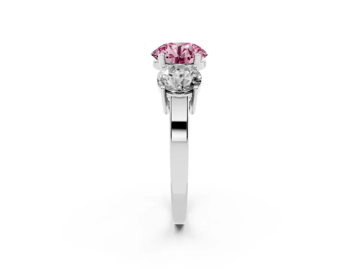 Fancy Pink Three-Stone Round Cut Cut Diamond Engagement Ring with Flat Band and Four-Prong Setting Silver