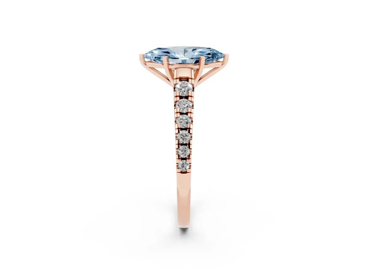 Fancy Blue Marquise Cut Diamond Cathedral Solitaire Ring with Round Pavé Band Rose gold