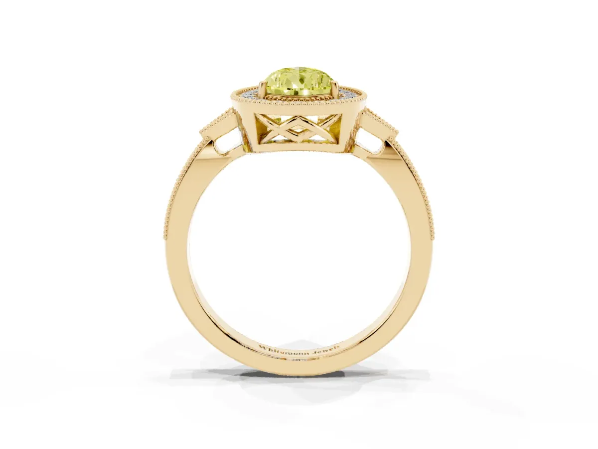 Fancy Yellow Pear Cut Halo Round Diamond Milgrain Pave Engagement Ring Yellow gold
