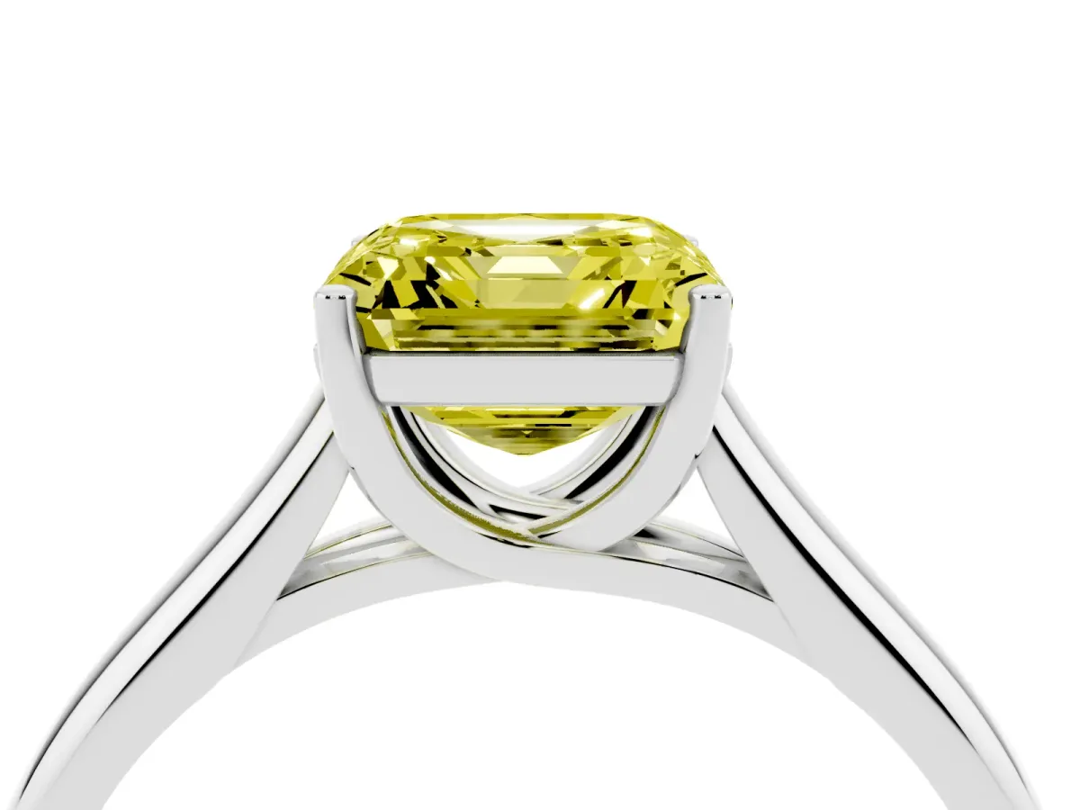 Fancy Yellow Asscher Cut Solitaire Engagement Ring with Tapered Band and Four-Prong Setting Platinum