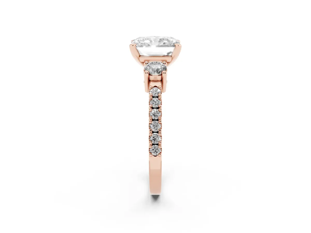Radiant Cut Three-Stone Diamond Pavé Band with Prong Setting Rose gold