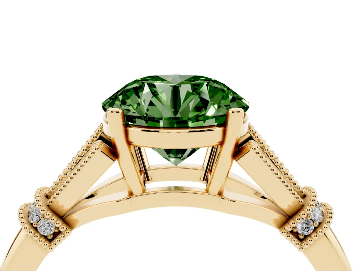 Fancy Green Round Cut Diamond Solitaire Ring with Floral Filigree and Pave Accents Yellow gold