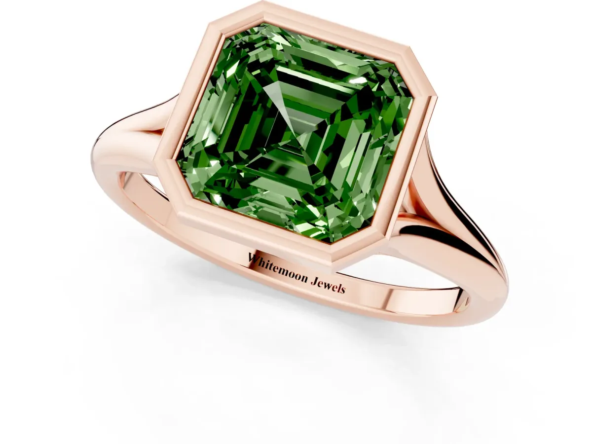 Fancy Green Bezel Set Asscher Cut Cut Solitaire Ring with Tapered Band Rose gold