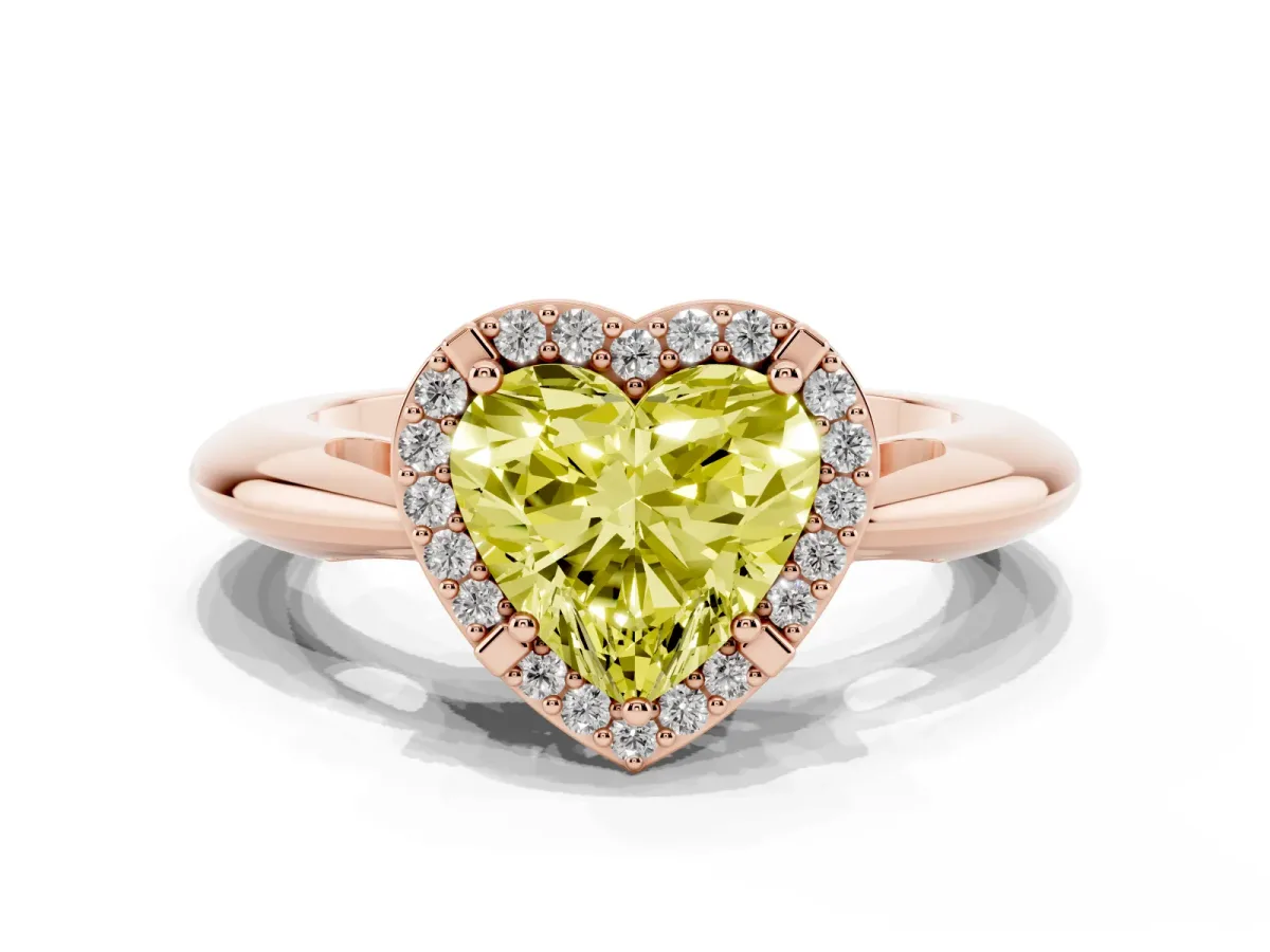 Fancy Yellow Heart Cut Cut Diamond Halo Engagement Ring with Split Shank and Four-Prong Setting Rose gold
