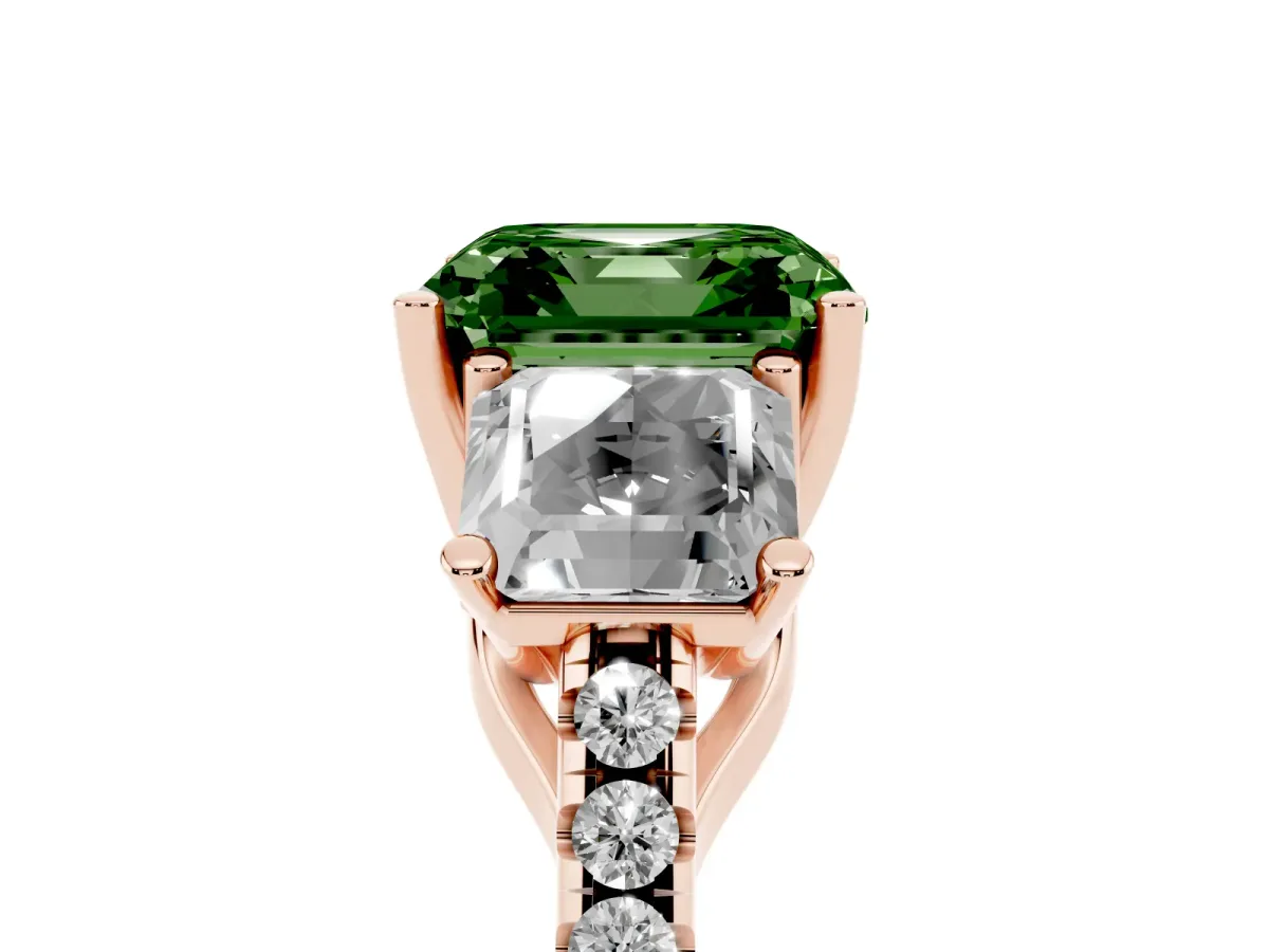 Fancy Green Three-Stone Asscher Cut Diamond Ring with Round Pavé Band and Prong Setting Rose gold