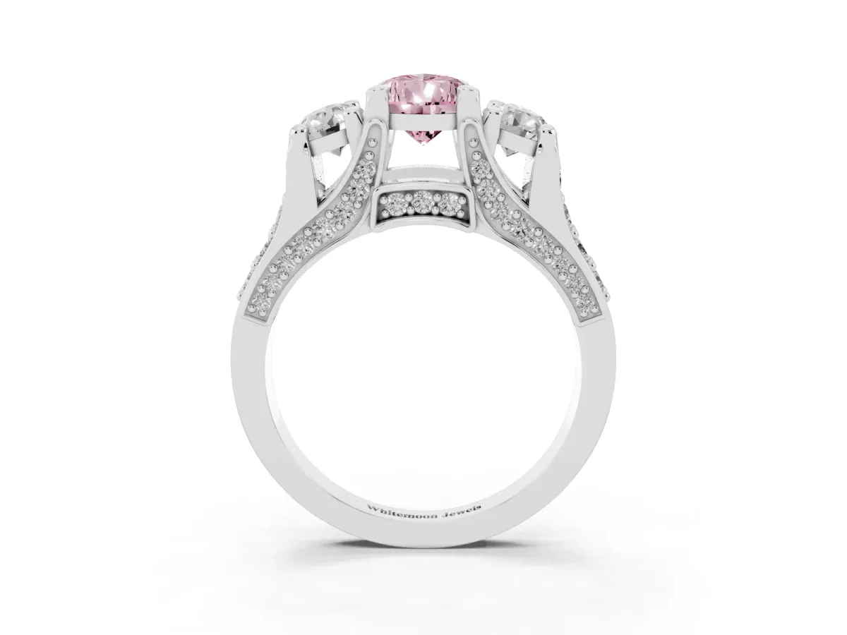 Fancy Pink Pear Cut Diamond Three-Stone Ring with Channel Set Band and Four-Prong Setting Silver