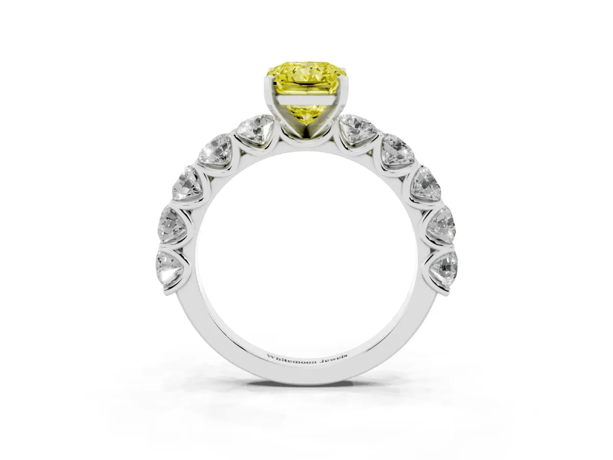 Fancy Yellow Radiant Cut Diamond Prong Setting with Side Stones on a Pave Band Silver